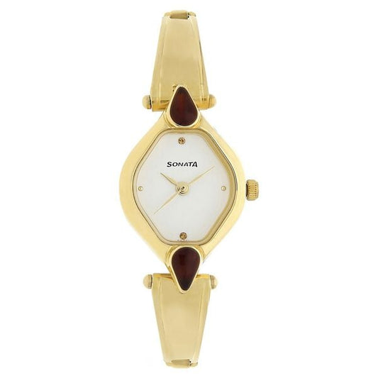 Sonata 8063YM05 Quartz Analog White Dial Stainless Steel Strap Watch for Women