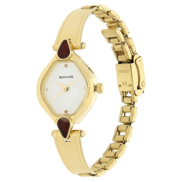 Sonata 8063YM05 Quartz Analog White Dial Stainless Steel Strap Watch for Women