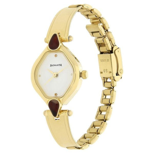 Sonata 8063YM05 Quartz Analog White Dial Stainless Steel Strap Watch for Women