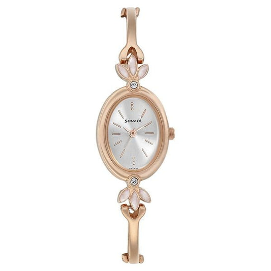 Sonata 8091WM01 Blush Quartz Analog Silver Dial Rose Gold Metal Strap Watch for Women