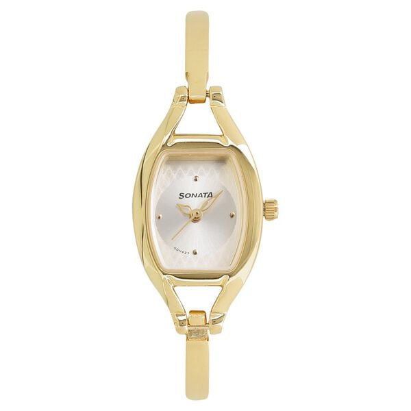 Sonata 8114YM06 Women Quartz Pankh Silver Dial Golden-tone Metal Strap Watch