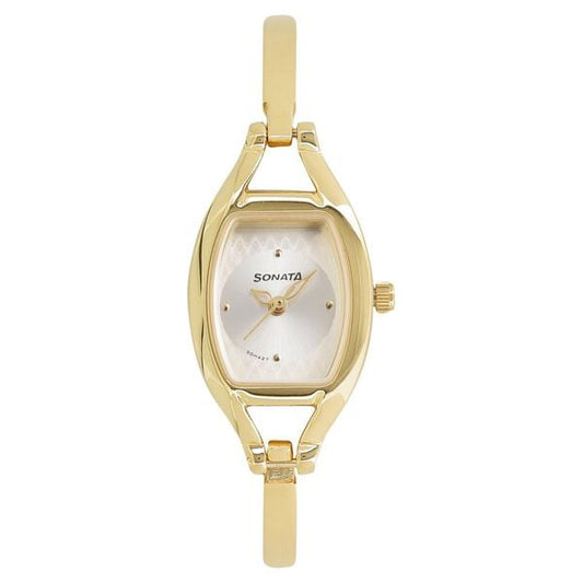 Sonata 8114YM06 Women Quartz Pankh Silver Dial Golden-tone Metal Strap Watch