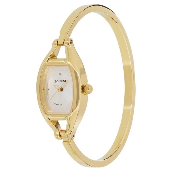 Sonata 8114YM06 Women Quartz Pankh Silver Dial Golden-tone Metal Strap Watch