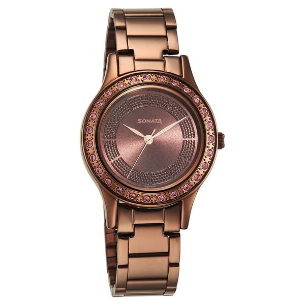 Sonata 8123QM01 Quartz Analog Brown Dial Stainless Steel Strap Watch for Women