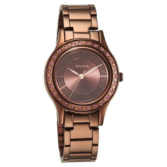 Sonata 8123QM01 Quartz Analog Brown Dial Stainless Steel Strap Watch for Women