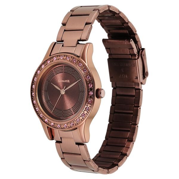 Sonata 8123QM01 Quartz Analog Brown Dial Stainless Steel Strap Watch for Women