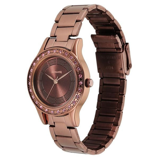 Sonata 8123QM01 Quartz Analog Brown Dial Stainless Steel Strap Watch for Women