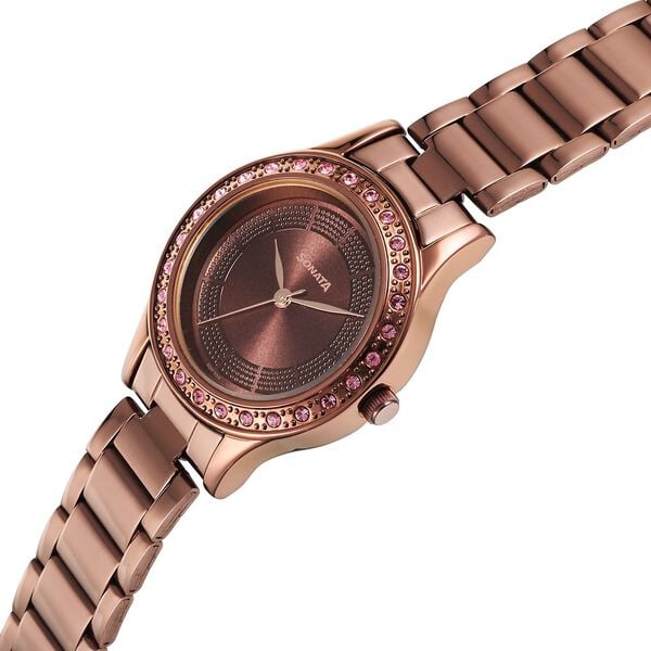 Sonata 8123QM01 Quartz Analog Brown Dial Stainless Steel Strap Watch for Women