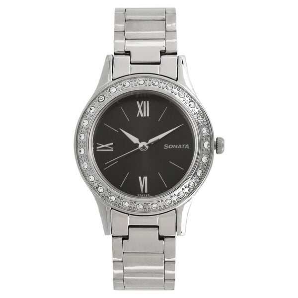 Sonata 8123SM02 Analog Quartz Women Black Dial Silver Stainless Steel Bracelet Watch
