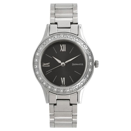 Sonata 8123SM02 Analog Quartz Women Black Dial Silver Stainless Steel Bracelet Watch