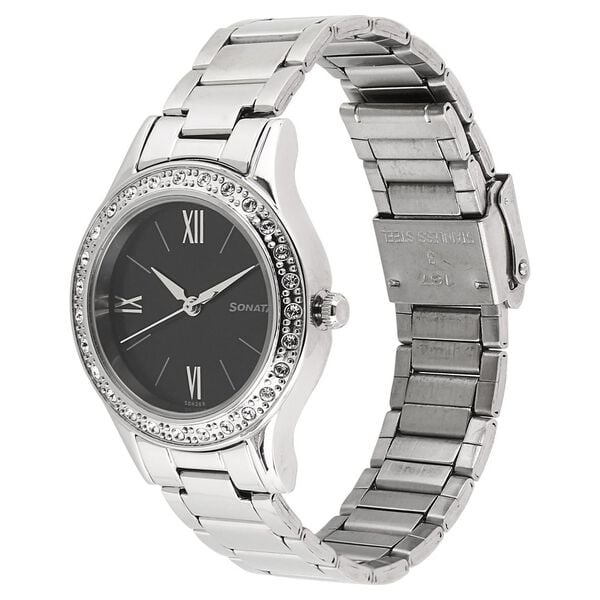 Sonata 8123SM02 Analog Quartz Women Black Dial Silver Stainless Steel Bracelet Watch