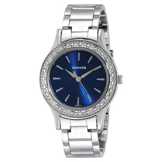 Sonata 8123SM03 Stardust Quartz Analog Blue Dial Stainless Steel Strap Watch for Women – Blue/Silver