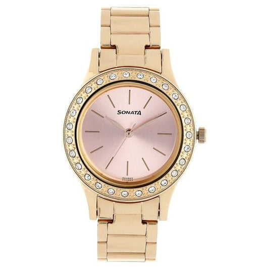 Sonata 8123WM01 Blush Quartz Analog Pink Dial Rose Gold Stainless Steel Strap Watch for Women