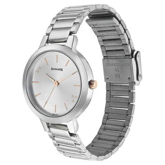 Sonata 8141KM02 Analog Quartz Women Watch with Silver Stainless Steel Strap