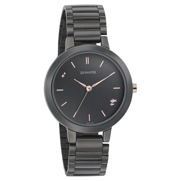 Sonata 8141KM03 Analog Quartz Women Watch with Anthracite Dial and Black Stainless Steel Strap