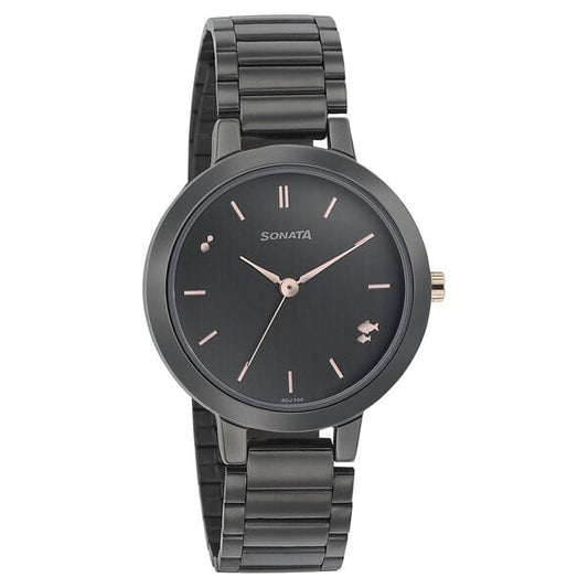 Sonata 8141KM03 Analog Quartz Women Watch with Anthracite Dial and Black Stainless Steel Strap