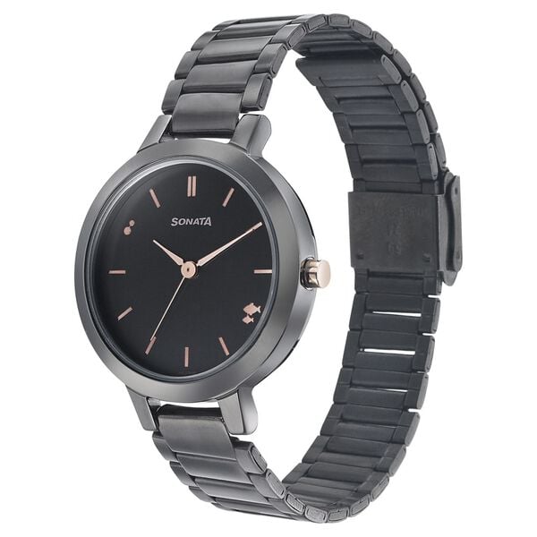 Sonata 8141KM03 Analog Quartz Women Watch with Anthracite Dial and Black Stainless Steel Strap