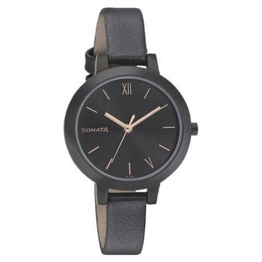 Sonata 8141NL02 Quartz Analog Black Dial Leather Strap Women’s Watch