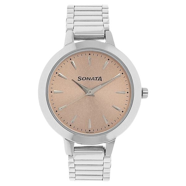 Sonata 8141SM01 Women Elite Quartz Rose-Gold Dial Silver Stainless Steel Watch