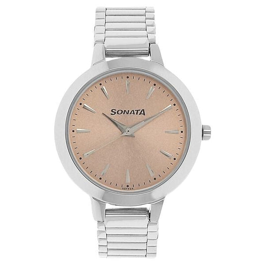 Sonata 8141SM01 Women Elite Quartz Rose-Gold Dial Silver Stainless Steel Watch