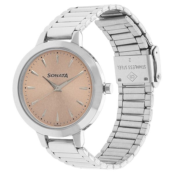 Sonata 8141SM01 Women Elite Quartz Rose-Gold Dial Silver Stainless Steel Watch