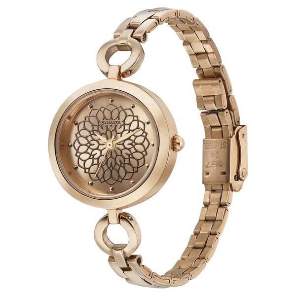 Sonata 8147WM01 Analog Quartz Watch for Women – Rose Gold Band, Rose Gold Case, Rose Gold Dial