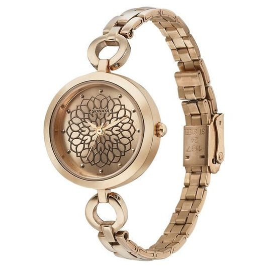 Sonata 8147WM01 Analog Quartz Watch for Women – Rose Gold Band, Rose Gold Case, Rose Gold Dial