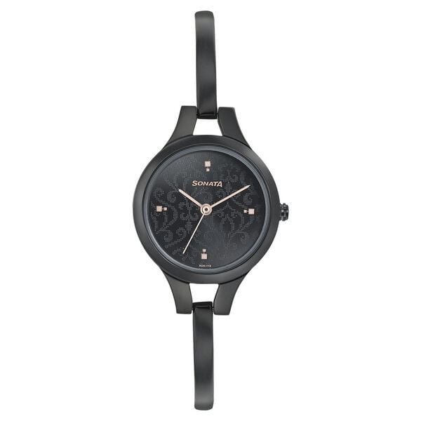 Sonata 8151NM04 Onyx Quartz Analog Black Dial Stainless Steel Strap Watch for Women