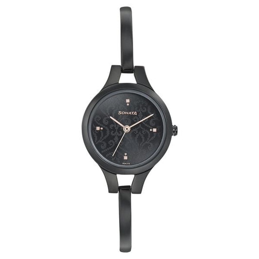 Sonata 8151NM04 Onyx Quartz Analog Black Dial Stainless Steel Strap Watch for Women