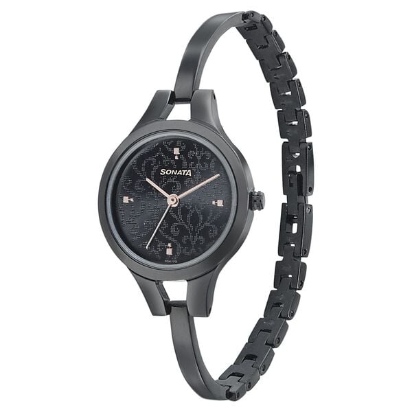 Sonata 8151NM04 Onyx Quartz Analog Black Dial Stainless Steel Strap Watch for Women