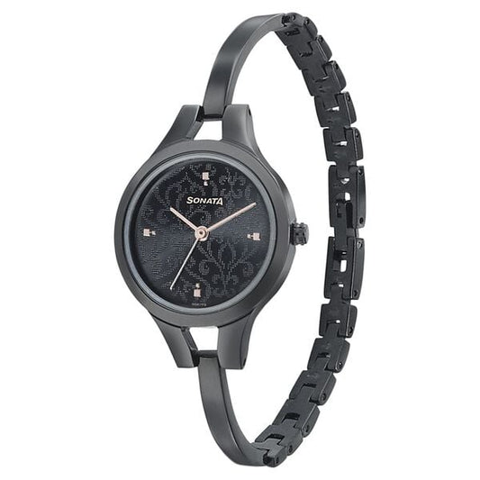 Sonata 8151NM04 Onyx Quartz Analog Black Dial Stainless Steel Strap Watch for Women