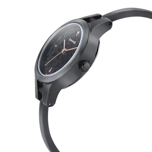 Sonata 8151NM04 Onyx Quartz Analog Black Dial Stainless Steel Strap Watch for Women