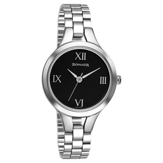 Sonata 8151SM07 Workwear Quartz Analog Black Dial Stainless Steel Strap Women's Watch