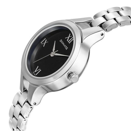 Sonata 8151SM07 Workwear Quartz Analog Black Dial Stainless Steel Strap Women's Watch