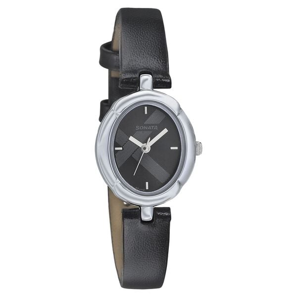 Sonata 8158SL01 Analog Quartz Women Black Dial Black Leather Strap Watch