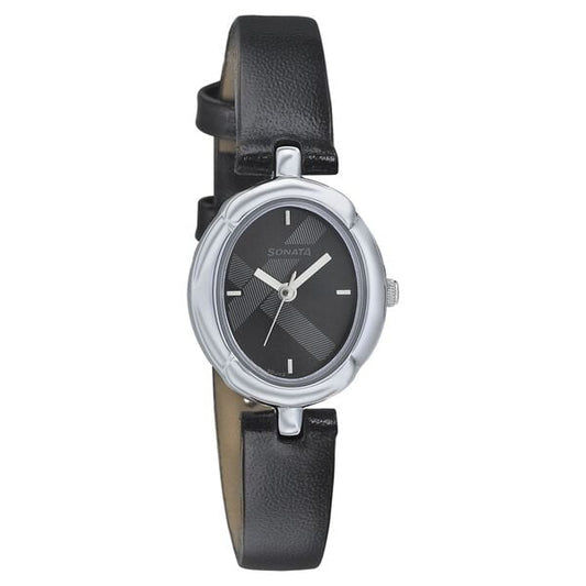 Sonata 8158SL01 Analog Quartz Women Black Dial Black Leather Strap Watch