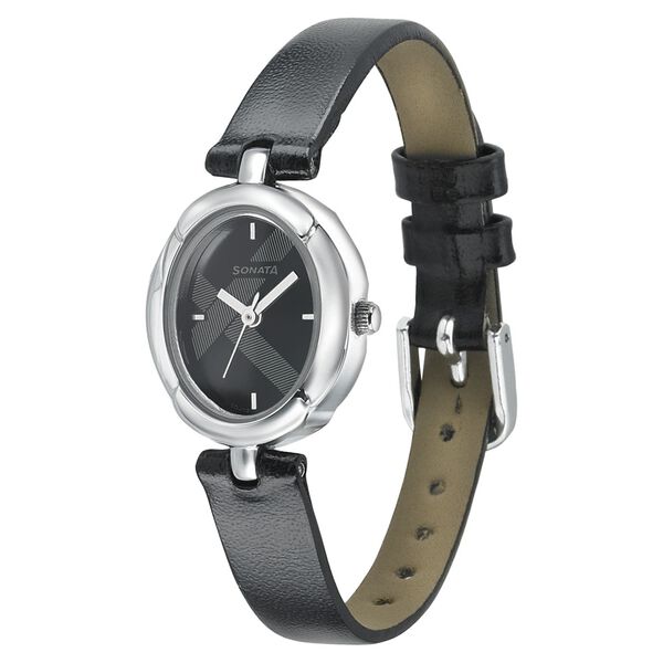 Sonata 8158SL01 Analog Quartz Women Black Dial Black Leather Strap Watch