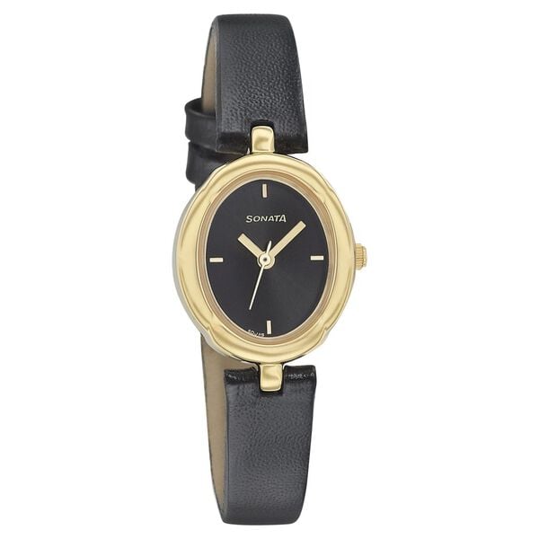 Sonata 8158YL01 Essentials Women’s Quartz Analog Black Dial Leather Strap Watch