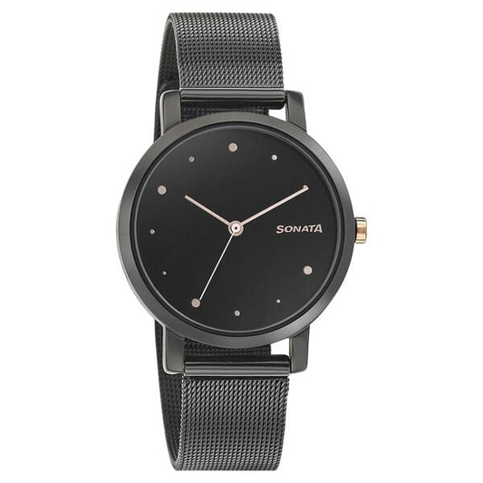 Sonata 8164KM01 Onyx Quartz Analog Black Dial Stainless Steel Strap Watch for Women