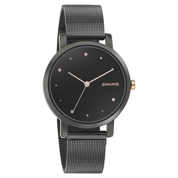 Sonata 8164KM01 Onyx Quartz Analog Black Dial Stainless Steel Strap Watch for Women