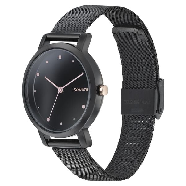 Sonata 8164KM01 Onyx Quartz Analog Black Dial Stainless Steel Strap Watch for Women