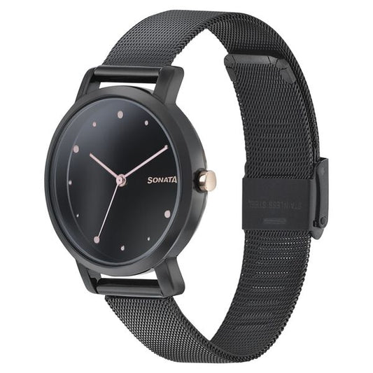 Sonata 8164KM01 Onyx Quartz Analog Black Dial Stainless Steel Strap Watch for Women