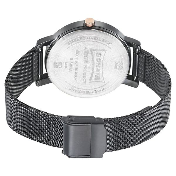 Sonata 8164KM01 Onyx Quartz Analog Black Dial Stainless Steel Strap Watch for Women