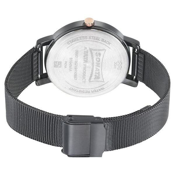 Sonata 8164KM01 Onyx Quartz Analog Black Dial Stainless Steel Strap Watch for Women