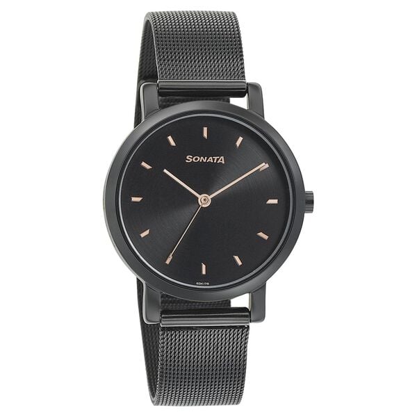 Sonata 8164NM02 Analog Quartz Women Watch with Black Dial and Black Stainless Steel Strap
