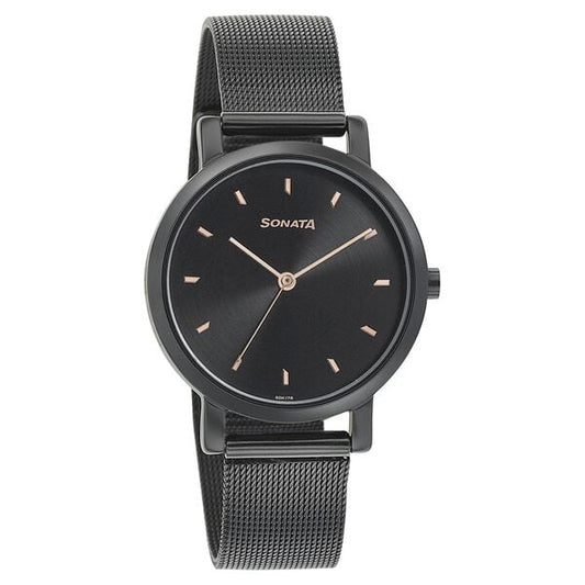 Sonata 8164NM02 Analog Quartz Women Watch with Black Dial and Black Stainless Steel Strap