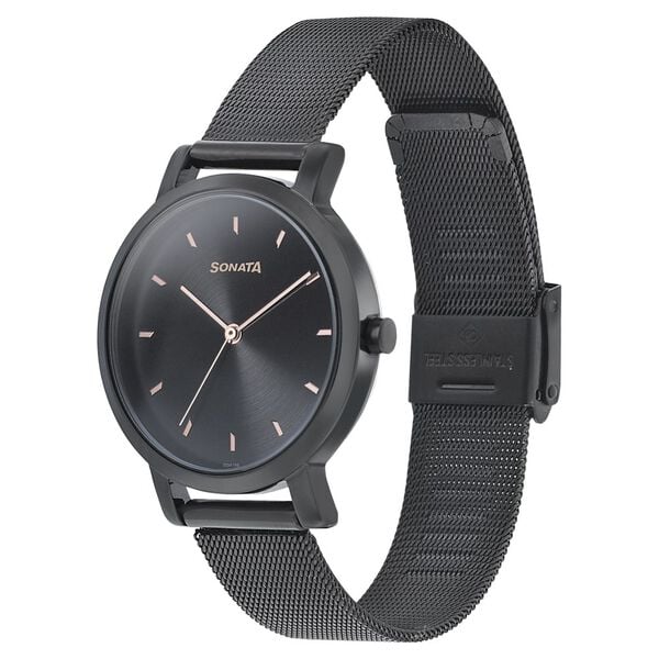 Sonata 8164NM02 Analog Quartz Women Watch with Black Dial and Black Stainless Steel Strap