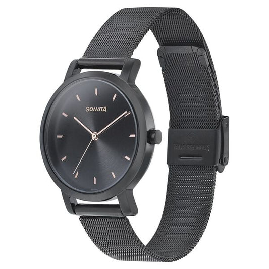 Sonata 8164NM02 Analog Quartz Women Watch with Black Dial and Black Stainless Steel Strap