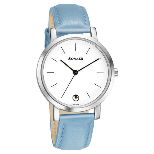 Sonata 8164SL07 Quartz Analog White Dial Women’s Watch with Blue Leather Strap