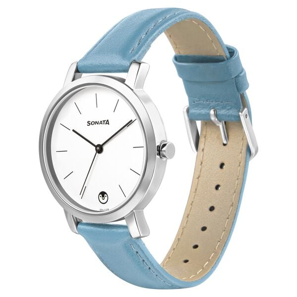 Sonata 8164SL07 Quartz Analog White Dial Women’s Watch with Blue Leather Strap